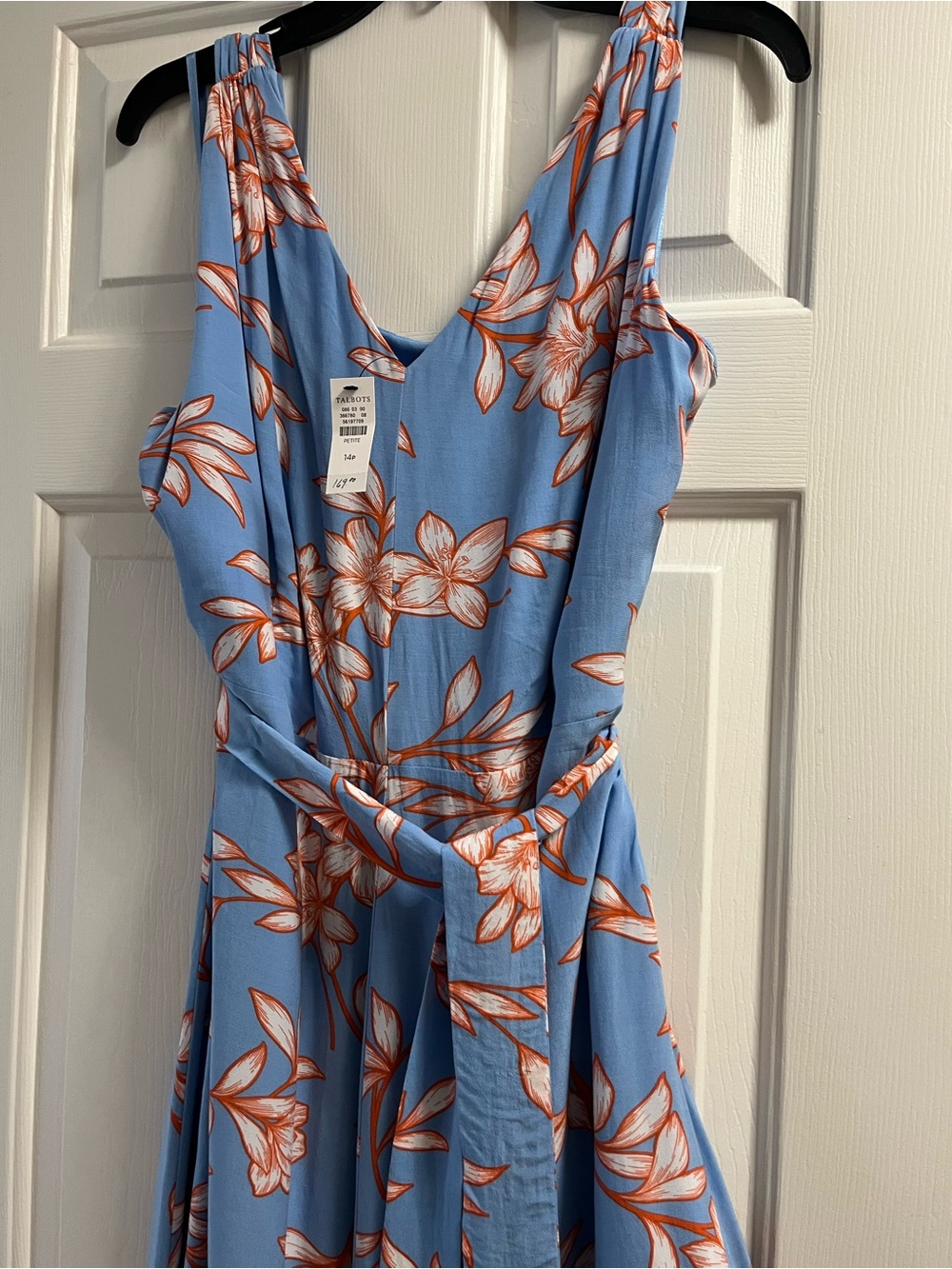 Talbots Light Blue Floral V-Neck Dress with Orange and White Print